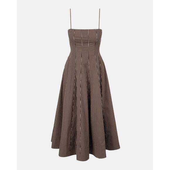 STAUD Wylie Striped Midi Dress - 12 - Dark Oak - Picture 1 of 5
